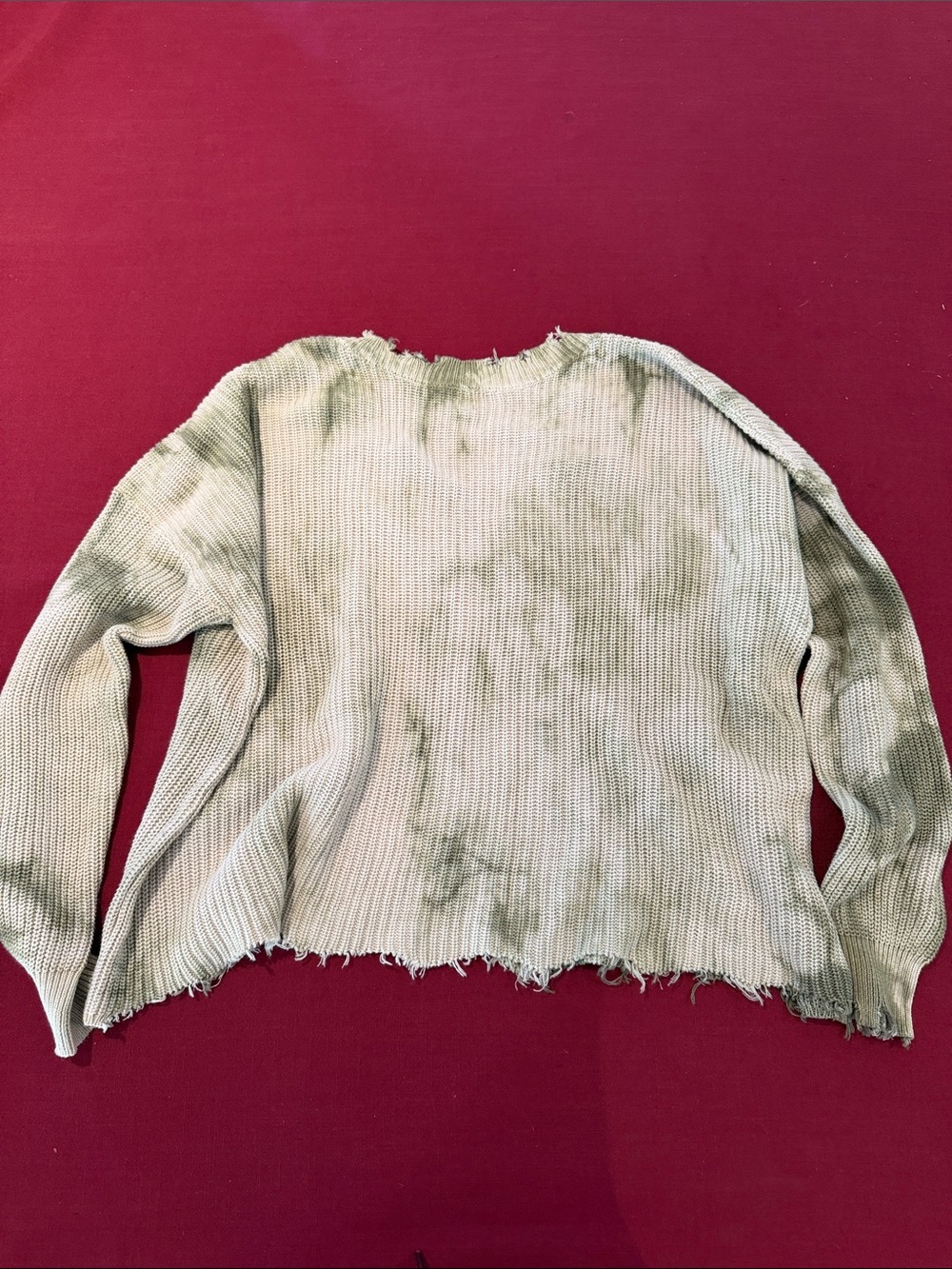 Fate Off-the-Shoulder Distressed Sweater in Cream and Green